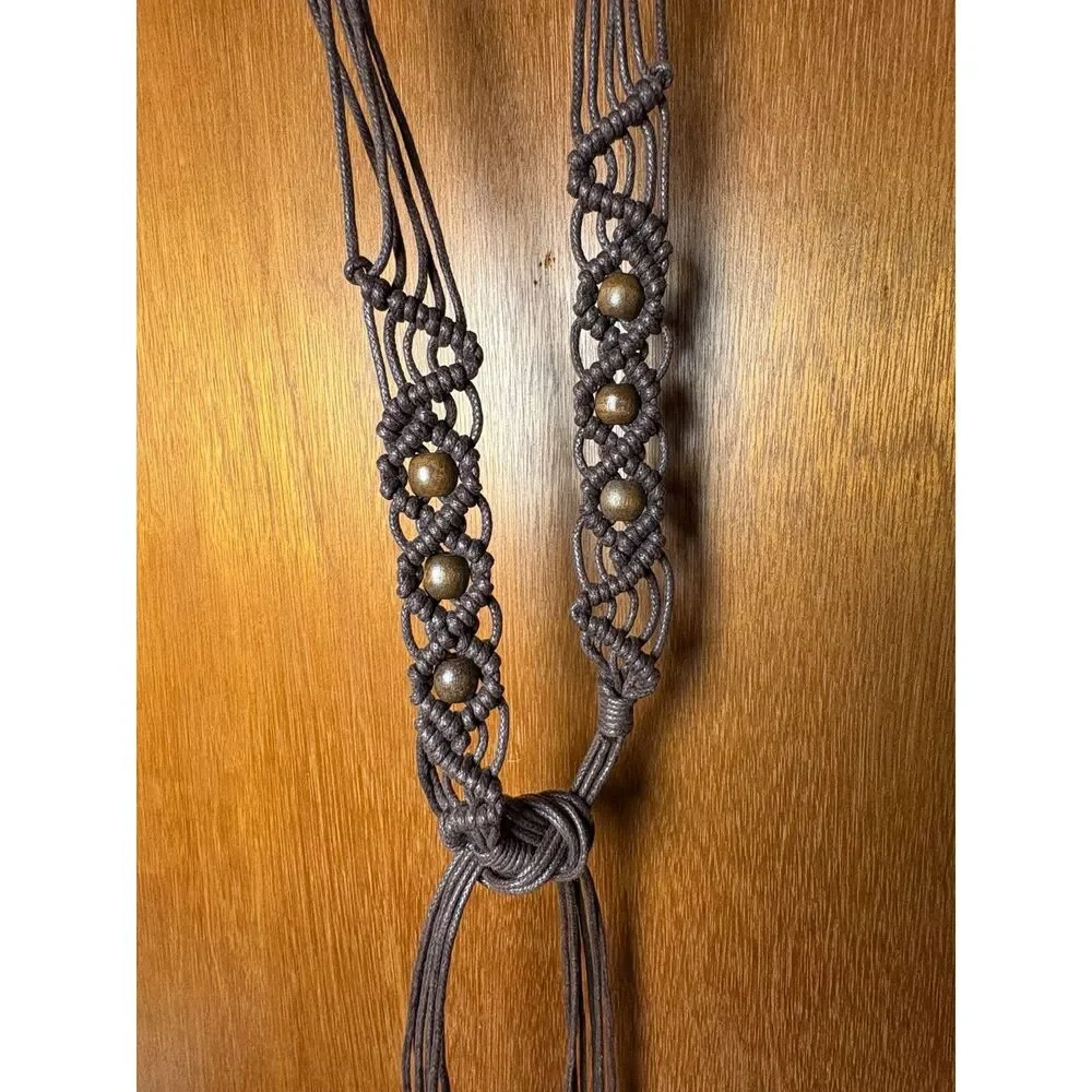 70s Vintage Handmade Macrame Fringe Belt with Wood Beads sz M / L